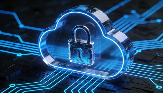 Cybersecurity lock inside cloud symbolizing secure cloud services, data privacy, encryption and digital protection, modern IT security and cloud computing concept