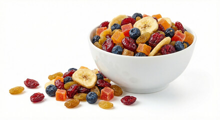 Bright Bowl Of Mixed Dried Fruit With Banana Slices And Berries For Healthy Snack Visual.