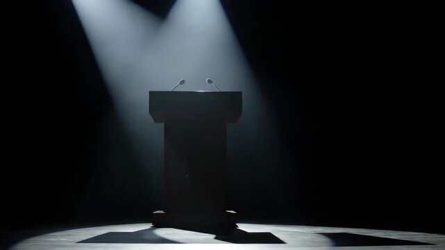 Empty podium tribune with microphone in spotlight. Concept of public speech, conference, debate, or press conference. Dramatic lighting background.