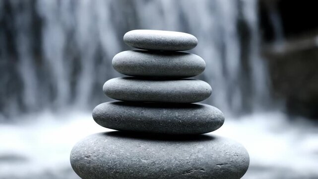 Stack of balanced zen stones pyramid against waterfall background. Concept of harmony, balance, and meditation. Spa and wellness nature scene
