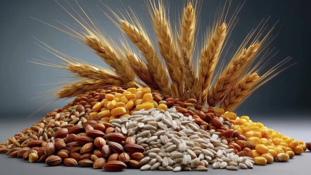 Vibrant display of grains and seeds showcases nature's bounty in an artistic arrangement