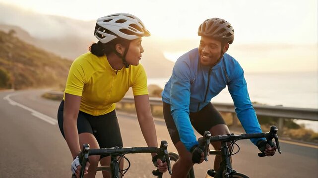 Two cyclists in helmets and jerseys riding road bikes along a coastal mountain at sunset. Smiling and talking while cycling together. Active lifestyle, sport and outdoor fitness concept.