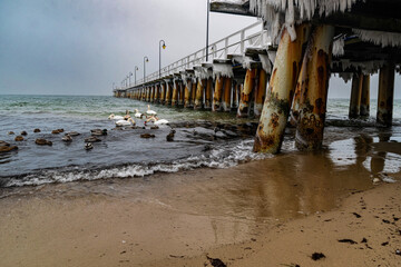 Frozen old pier on the Baltic Sea in Gdynia	
