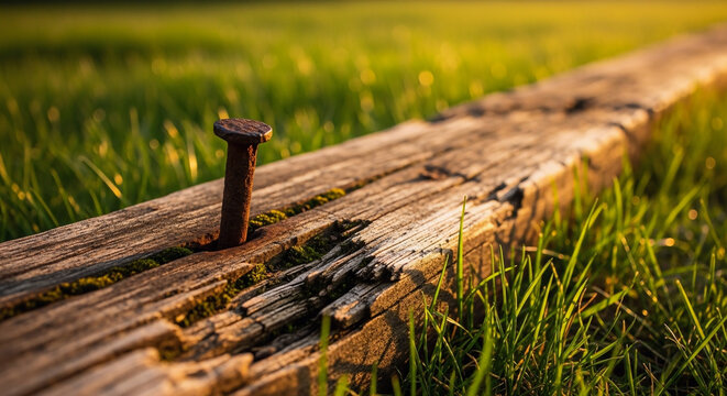 Close-up of a rusty iron nail embedded in an old cracked wooden plank surrounded by green grass. Soft golden hour sunlight highlights the texture of the wood, rust, and moss, creating a natural
