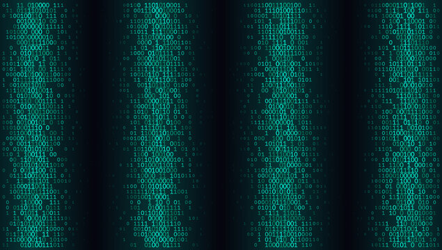 A sophisticated rhythmic arrangement of four vertical binary pillars shimmering in electric cyan. This digital tapestry balances structural symmetry with the fluid motion of streaming data against a d