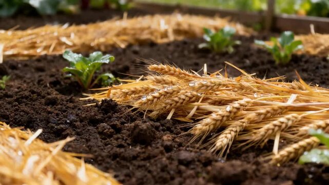 Medium shot of straw mulch layering in a vegetable patch focusing on organic soil protection and moisture retention techniques.