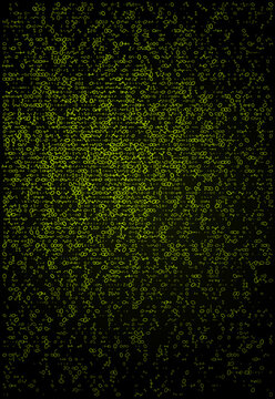A vertical plunge into a chaotic lime-green data stream. Hand-drawn style binary digits tumble and rotate through a black void, creating a sense of kinetic energy and organic digital fragmentation for