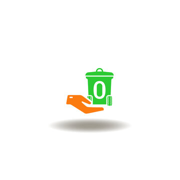 Vector illustration of hand hold garbage container with zero number. Symbol of zero waste.