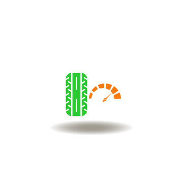 Vector illustration of tire and manometer. Symbol of tires and wheels service.