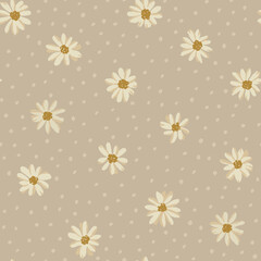 Farmstead daisy and polka dot vector seamless pattern on soft beige background. Romantic hand-drawn chamomile flowers. Nostalgic cottage meadow floral print. Vintage cottagecore design for farmhouse © Anna Putina