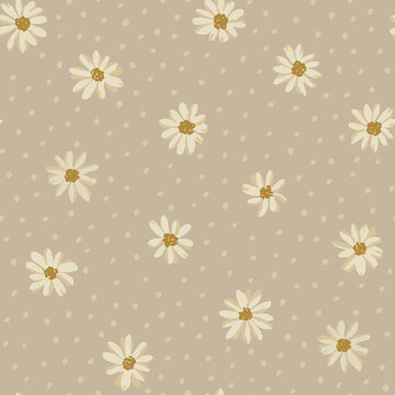 Farmstead daisy and polka dot vector seamless pattern on soft beige background. Romantic hand-drawn chamomile flowers. Nostalgic cottage meadow floral print. Vintage cottagecore design for farmhouse