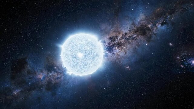 A bright, glowing celestial object floats amidst a starry field, near a nebula
