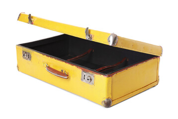 One open yellow suitcase isolated on white