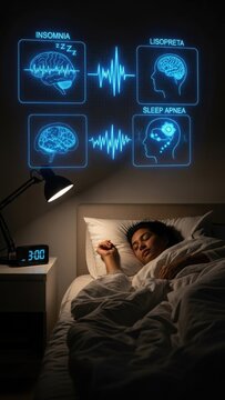 Problems with sleep, difficulty falling asleep, insomnia, restless nights, frequent waking at night, brain activity associated with sleep disorders, nocturnal health challenges, neurology