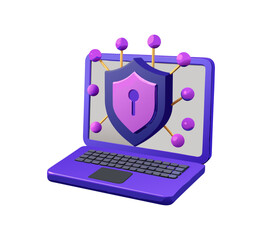 A 3D business security illustration of a portable laptop featuring a digital shield with ribbons and arrows as a symbolic network protection concept for online computer technology and web safety