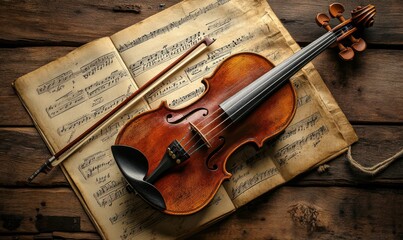 Naklejka premium Old violin resting on aged sheet music, warm rich wooden tones, nostalgic and classical music theme, high-detail still life