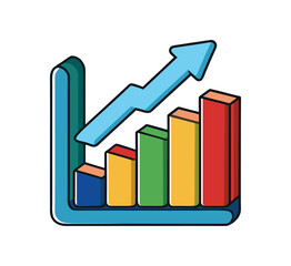 3D illustration of a red business arrow rising up a financial bar graph on a white background to show market growth and success in a data report