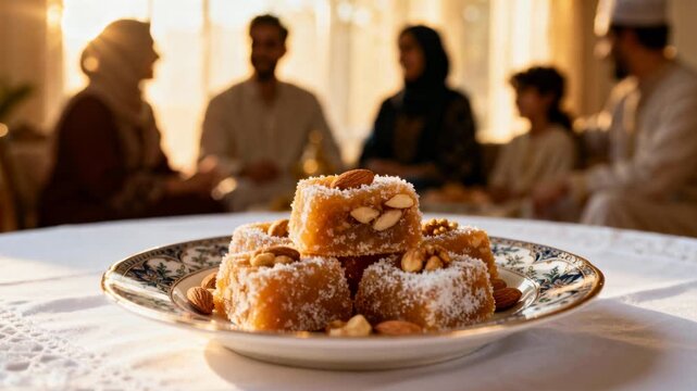 Traditional sweets with nuts on a plate for Eid al-Fitr celebration. Muslim family gathering in the background during golden hour. Ramadan dessert concept