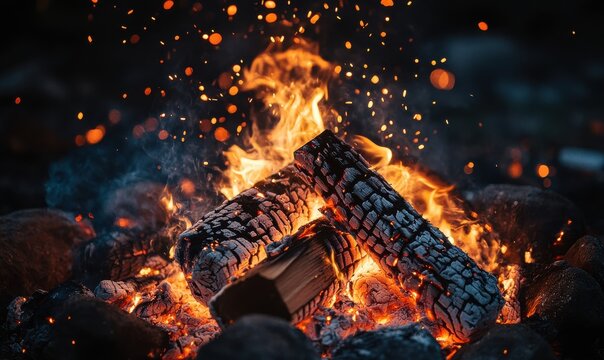 Outdoor campfire with glowing embers and crackling flames, rich orange tones contrasting against the cool night sky