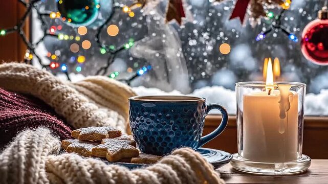 cup of coffee and christmas cookies with snowy outside