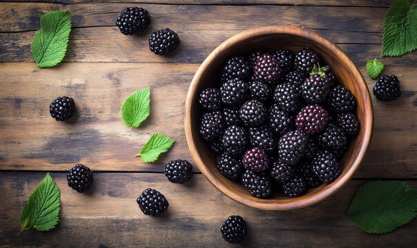Overhead view of a rustic wooden table with a bowl of fresh blackberries, vibrant tones styled for a natural and refreshing fruit display.