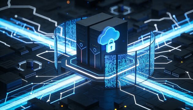 Cloud server infrastructure protected by digital firewall, cybersecurity and data protection concept, secure cloud services and modern IT network security illustration