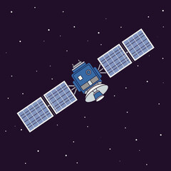 Satellite in orbit among stars, solar panels deployed, space exploration, technology concept