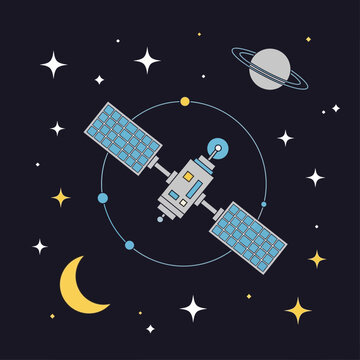 Satellite orbiting Earth, solar panels, stars, moon and planet in deep space