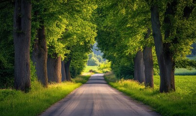 Obraz premium Peaceful countryside road lined with tall green trees, deep vibrant tones, high-detail landscape photography, soft diffused lighting, serene and picturesque scenery