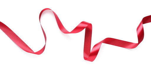 Beautiful red ribbon isolated on white, top view. Banner design