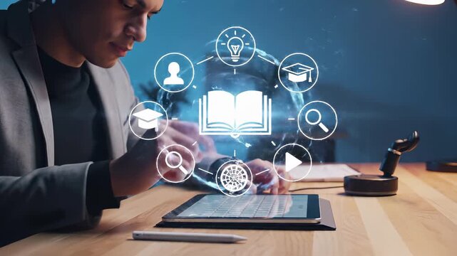 Online education and elearning concept with digital tablet and educational icons. Knowledge, research, and study through virtual learning platform. Distance and academic training technology.