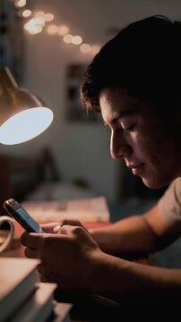 Smiling young man using smartphone at night desk with warm lamp light and books for distance learning student lifestyle and mobile app connectivity concept