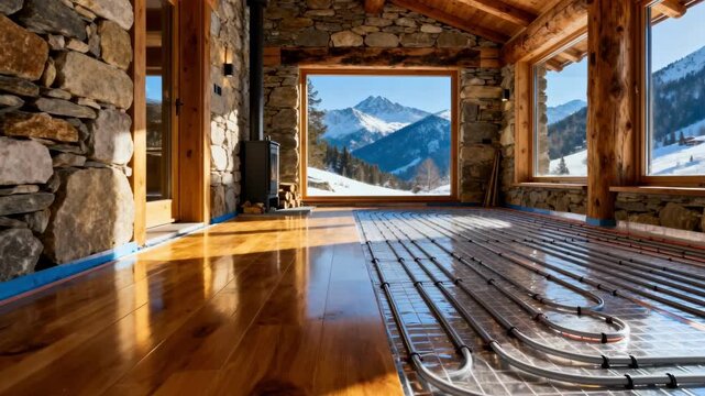 Medium shot showing thermal floor technology in a mountain cabin seamlessly regulating indoor temperature to enhance ecofriendly living