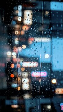 Vertical video of raindrops sliding on glass with vibrant blue and pink neon city bokeh for all the feels and organic flow sensory urban mood