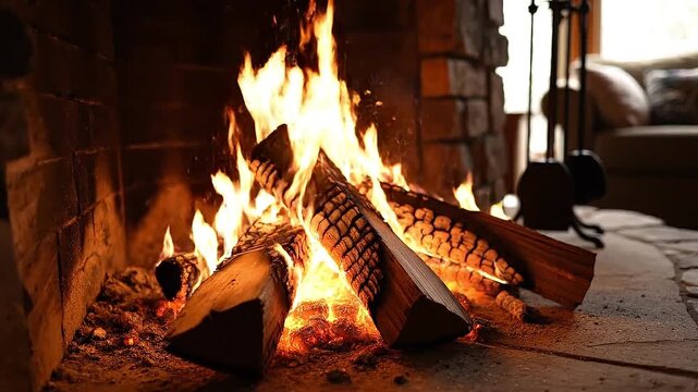 wood burning in a fireplace in cozy cold night