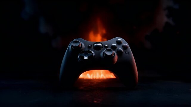 Fun gaming entertainment. A black Xbox One controller engulfed in flames, with smoke billowing around it, set against a dark background.