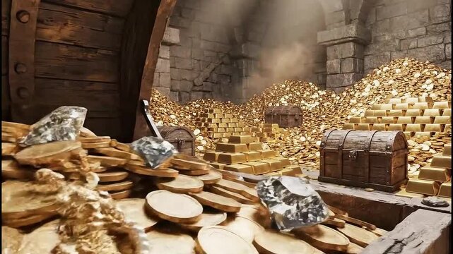 still life with gold and jewelry treasure on cave