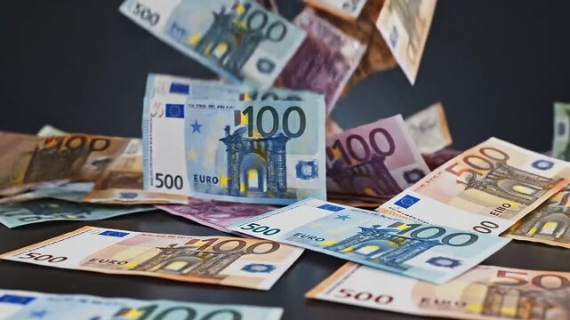 euro banknotes falling on dark background