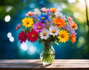 a vase of colorful flowers is on a table garden flowers over wooden background stock photo springtime a vase of flowers on a table against a blue bokeh background