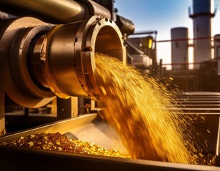 gold ore being processed through industrial machinery with close up of gold particles emerging from machinery against a factory backdrop
