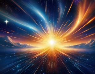 celestial radiance a luminous star explodes with vibrant energy its light beams traversing a swirling cosmic plane illuminating the infinite expanse of a starry night sky