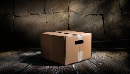 a solitary worn cardboard box rests on a dark textured floor against a weathered wall hinting at forgotten contents and untold stories