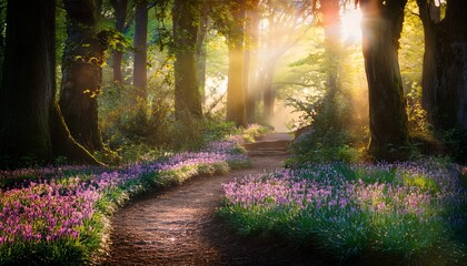 enchanted forest path mystical dawn light illuminates a flower filled grove with glowing trees
