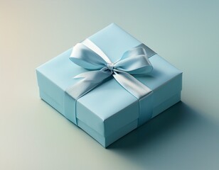 a delicately wrapped light blue present box with a satin ribbon bow sits on a matching pastel surface