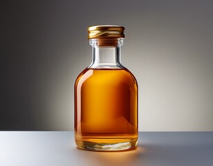 amber liquid in a clear glass bottle with a gold cap on a table against a neutral backdrop