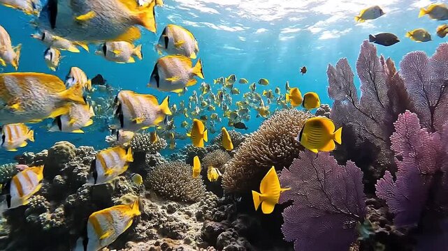Colorful tropical reef fish swim above a coral reef in clear turquoise water. Vibrant underwater wildlife captured in cinematic slow motion, perfect for nature content. 