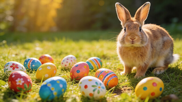happy easter card with eggs painted and a real belier type rabbit standing at the right and looking at de camera, natural light, candid photography style, vibrant spring colors, shallow depth of field