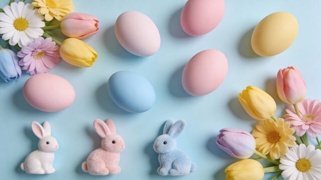Top view of Easter eggs, spring flowers, and small toys including wheelchair and prosthetic-themed miniature figures on pastel background, minimal aesthetic. Inclusive design. 