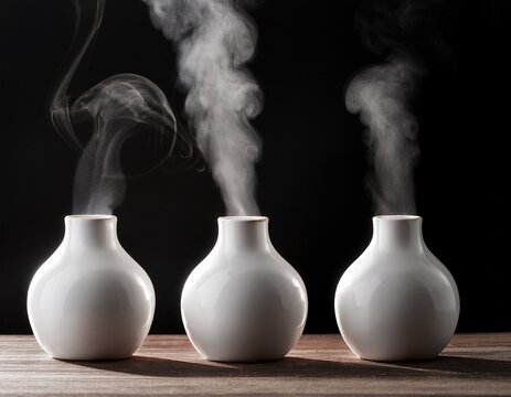 tres jarrones blancos de los que sale vapor