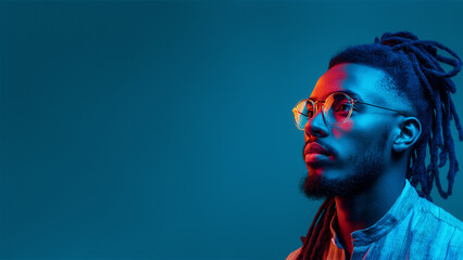 Portrait of young African man with dreadlocks and glasses on dark blue background. Copy space. Banner template. Cultural diversity, individuality, informal appearance, emotional expression, identity.